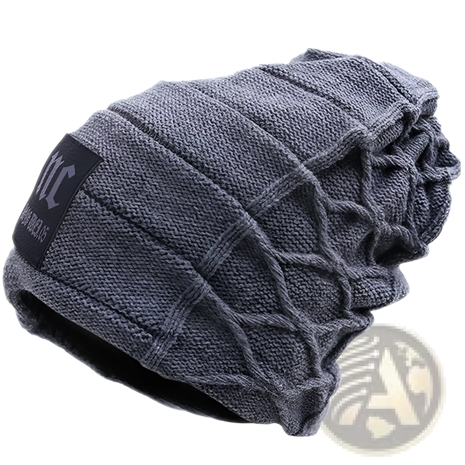 Men’s dark gray fleece lined knitted winter beanie hat with cable knit texture and black side patch