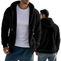 Men’s black fleece lined loose zip up hooded jacket with plush interior and drawstring hood for warmth and comfort