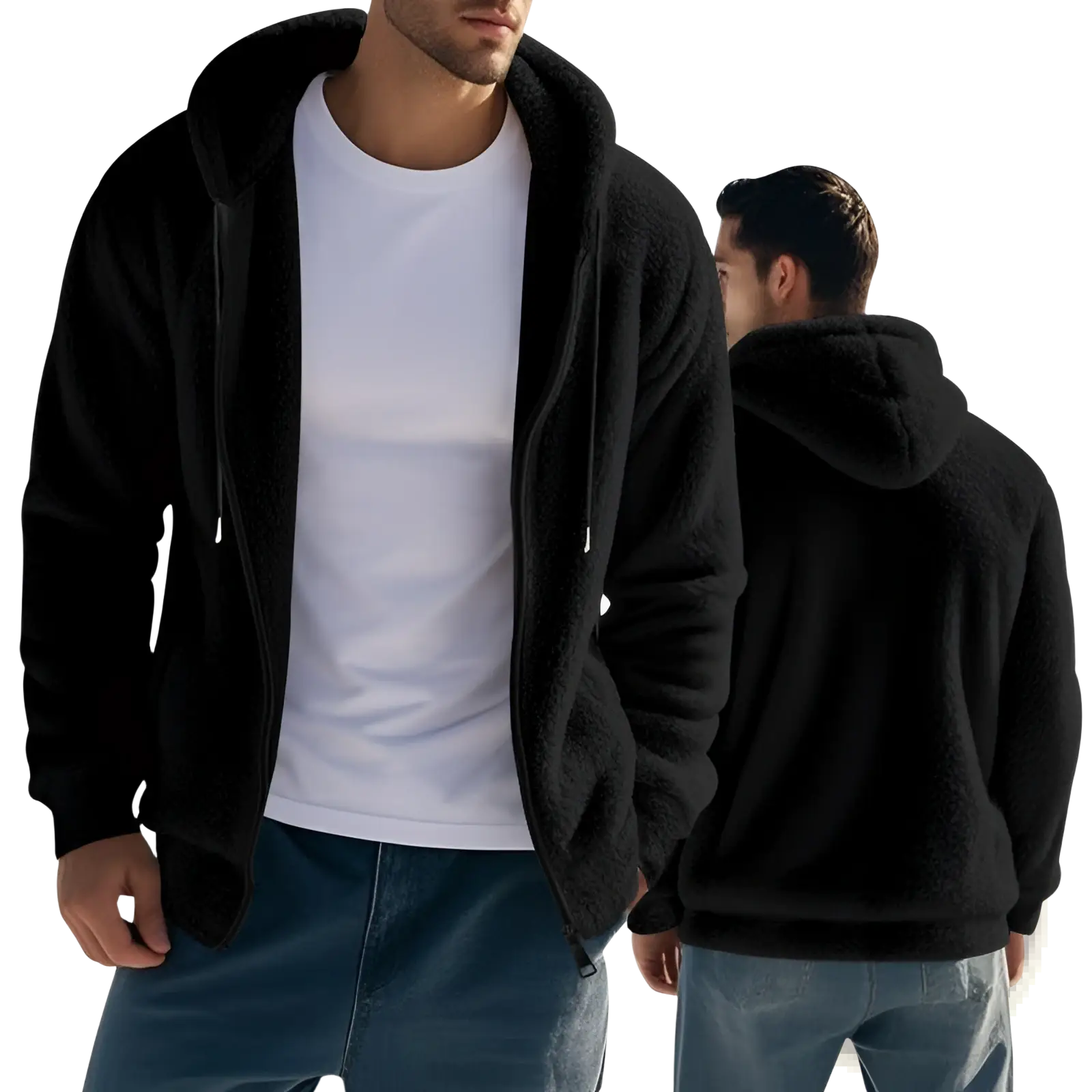 Men’s black fleece lined loose zip up hooded jacket with plush interior and drawstring hood for warmth and comfort