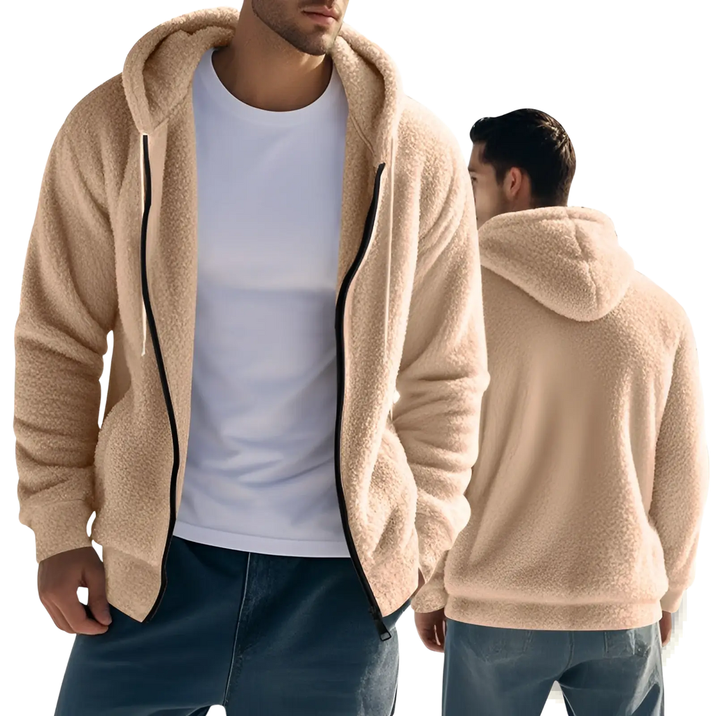 Men’s fleece lined loose zip up hooded jacket in beige plush fleece with black zipper trim
