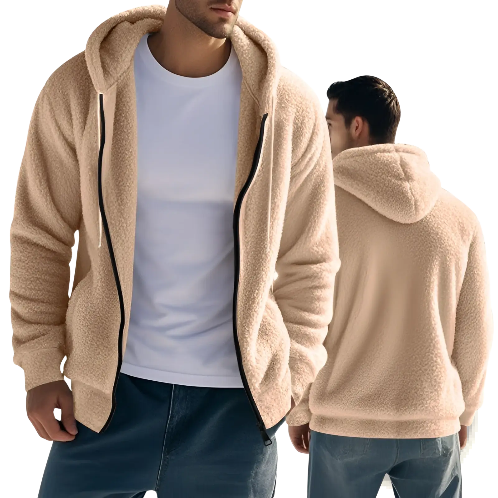 Men’s fleece lined loose zip up hooded jacket in beige plush fleece with black zipper trim