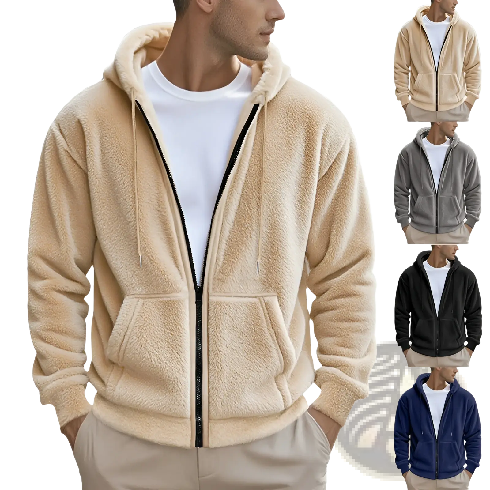 Men’s fleece lined loose zip up hooded jacket in beige plush fleece with black zipper and drawstrings
