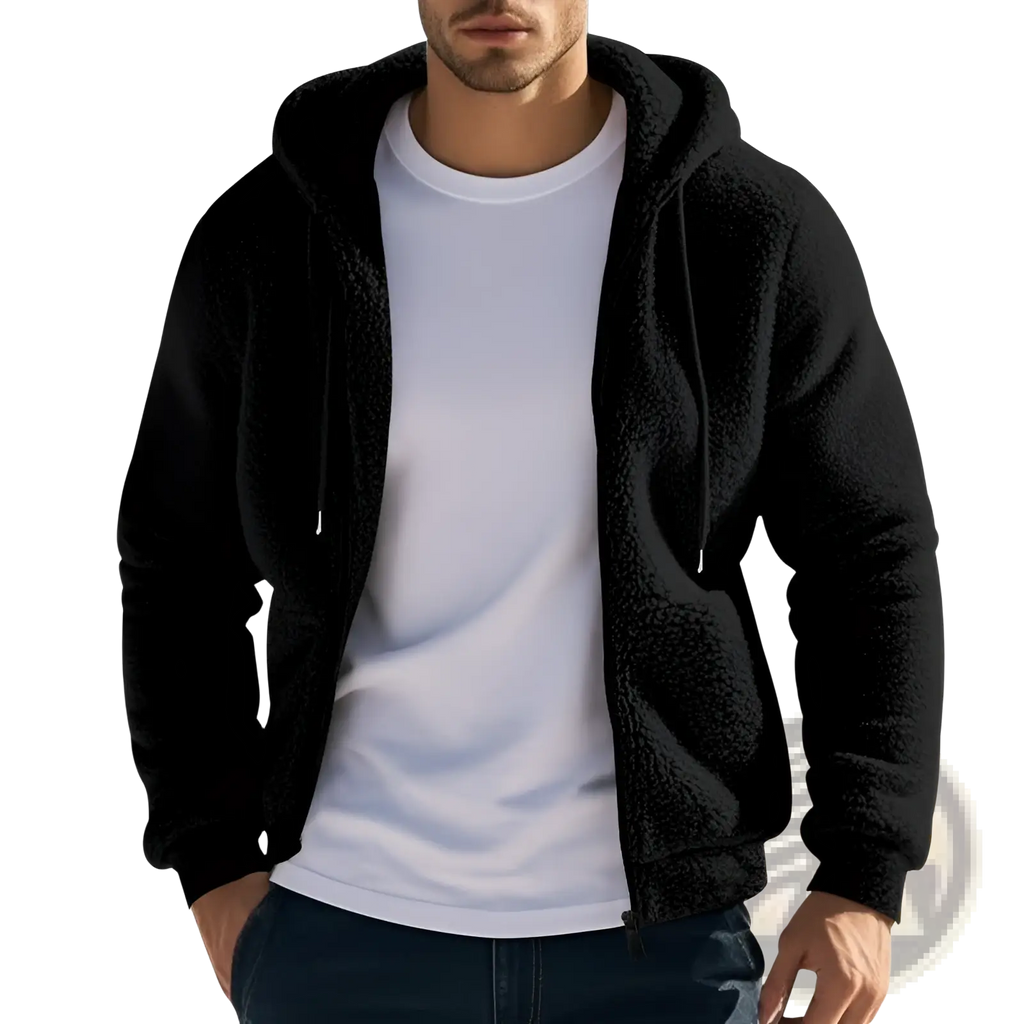 Men’s black fleece lined loose zip up hooded jacket with drawstrings made from soft fleece material