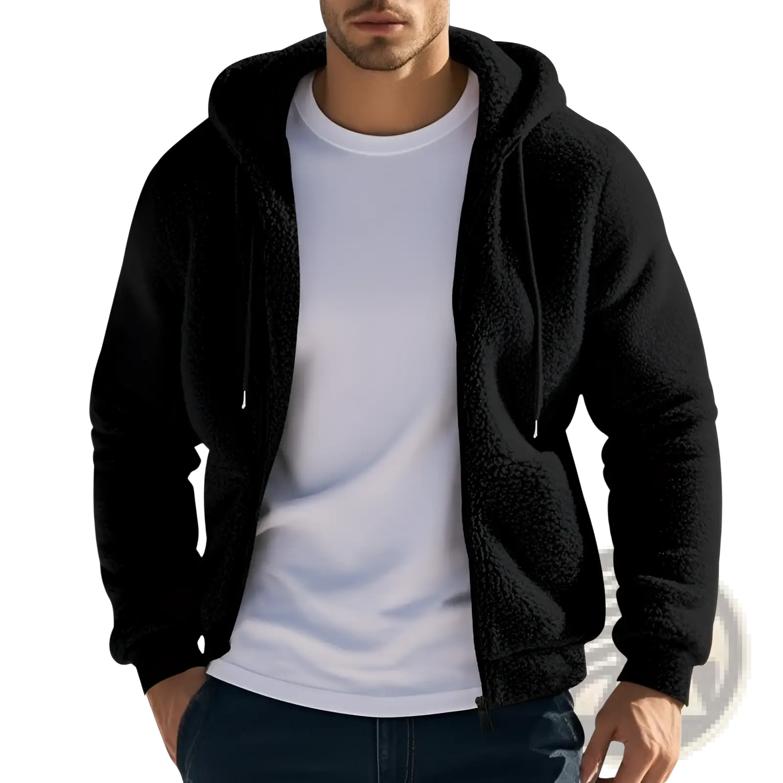 Men’s black fleece lined loose zip up hooded jacket with drawstrings made from soft fleece material