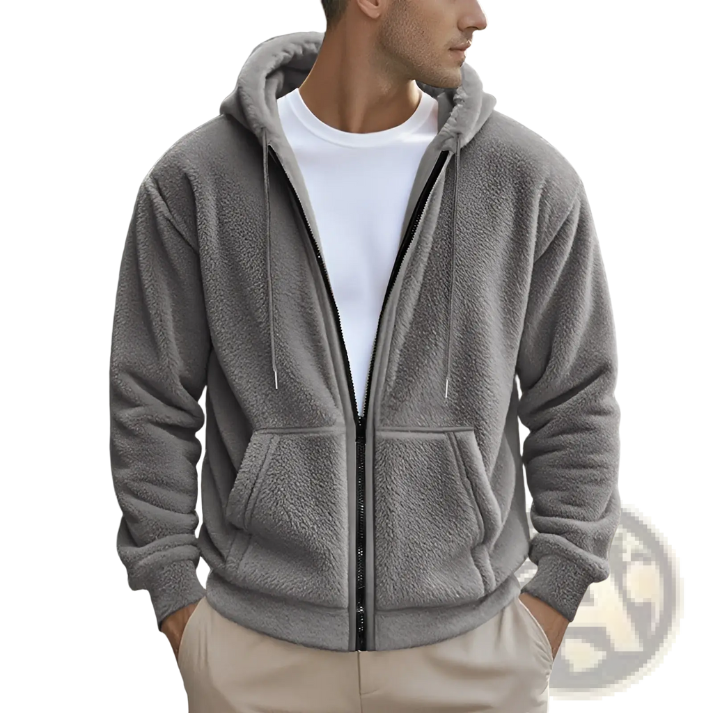 Men’s gray fleece lined loose zip up hooded jacket with black zipper and drawstrings, made of soft fleece material
