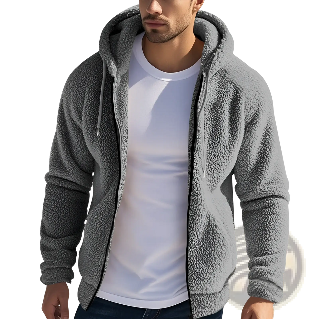 Men’s fleece lined loose gray hooded jacket with soft textured interior and black zipper trim for casual wear