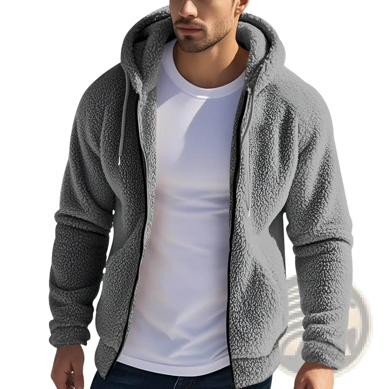 Men’s fleece lined loose gray hooded jacket with soft textured interior and black zipper trim for casual wear