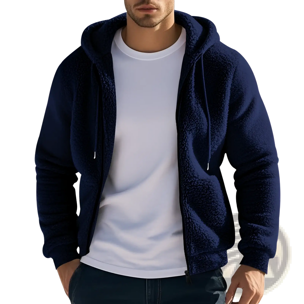 Men’s navy blue fleece lined loose zip up hooded jacket with soft textured interior and matching drawstrings