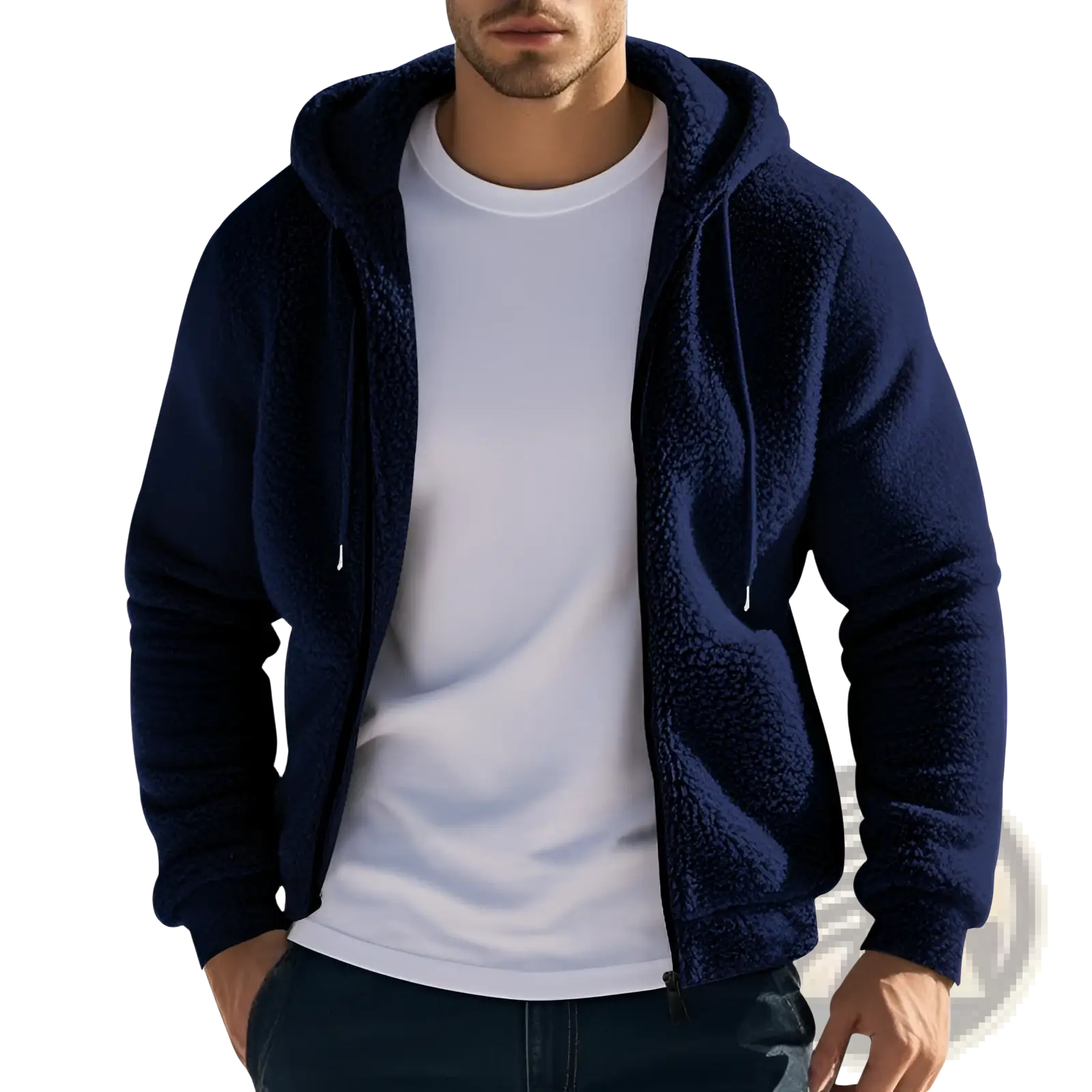 Men’s navy blue fleece lined loose zip up hooded jacket with soft textured interior and matching drawstrings