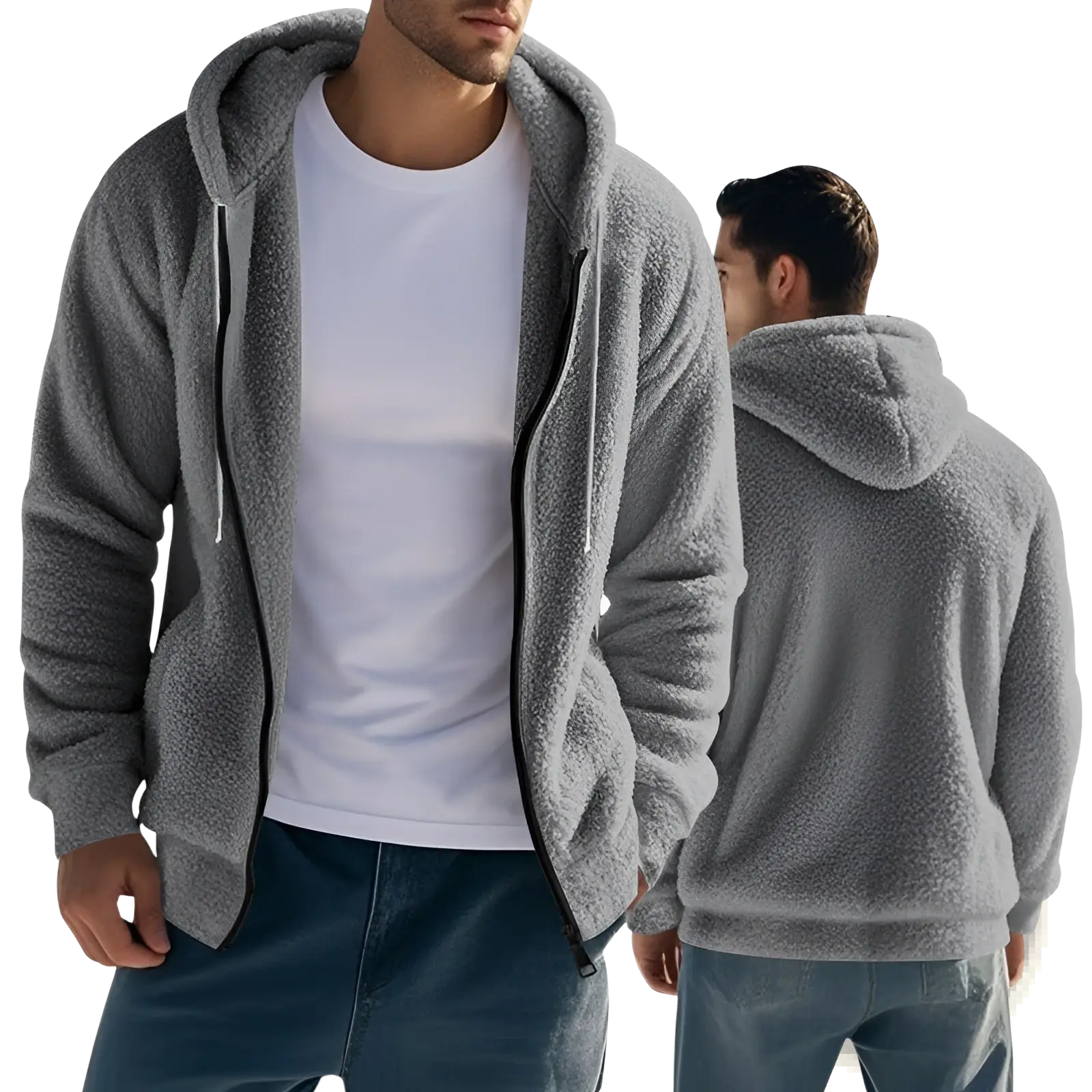Men’s fleece lined loose zip up hooded jacket in gray with plush fleece lining and black zipper trim