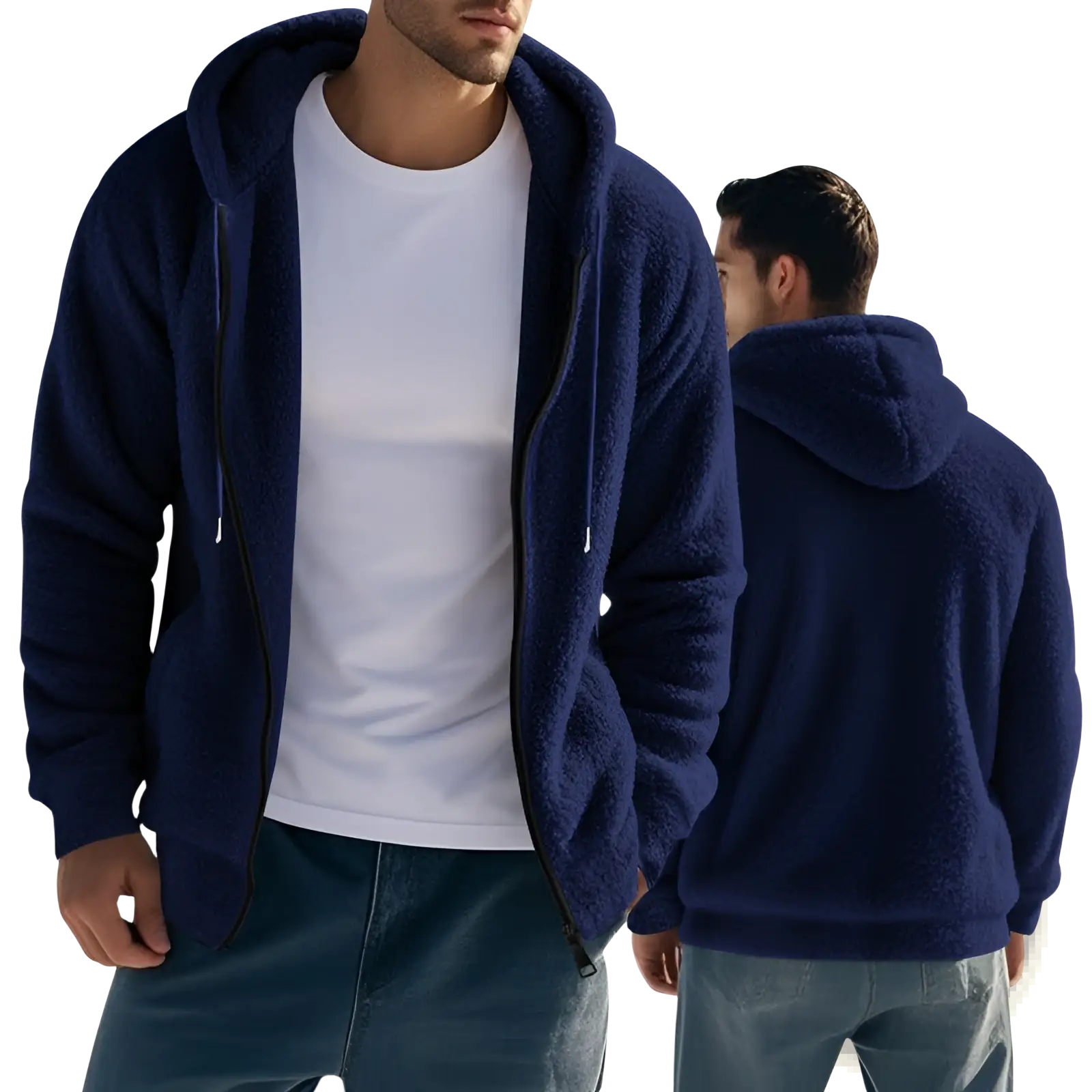 Men’s navy blue fleece lined loose zip up hooded jacket made of warm material for casual wear