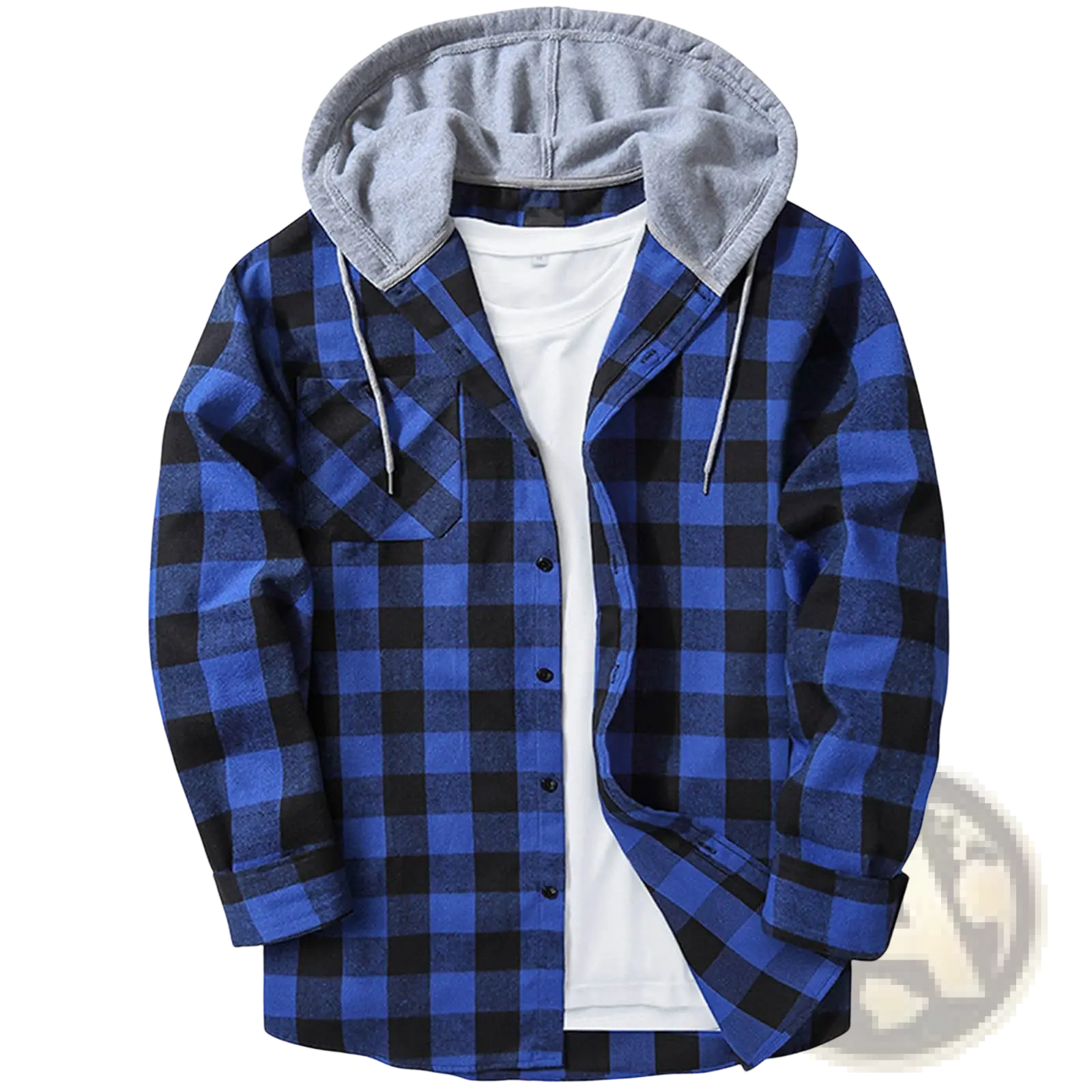 Men’s fleece lined plaid flannel hooded shirt in blue and black with a gray fleece-lined hood and soft material