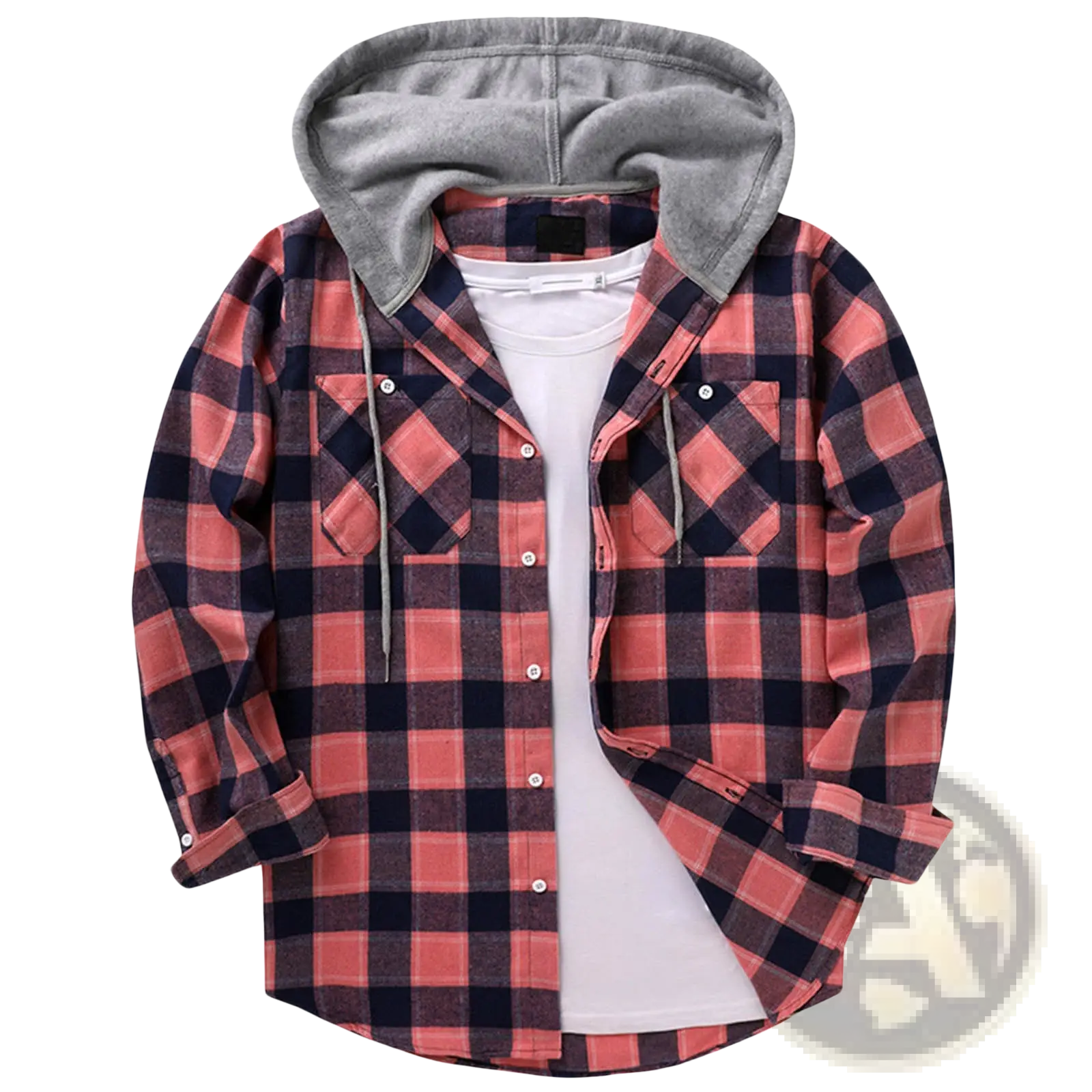 Men’s fleece lined plaid flannel hooded shirt in bold red and black with a soft gray fleece-lined hood