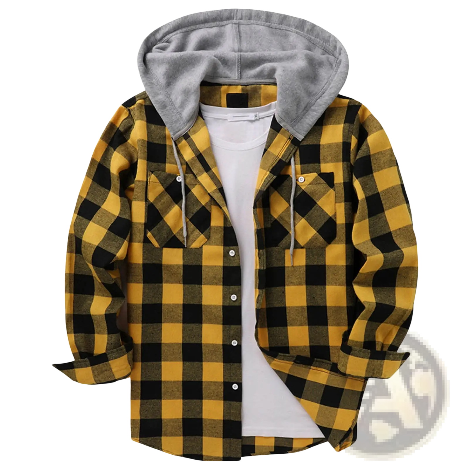 Men’s fleece lined plaid flannel hooded shirt in yellow and black with a gray fleece-lined hood