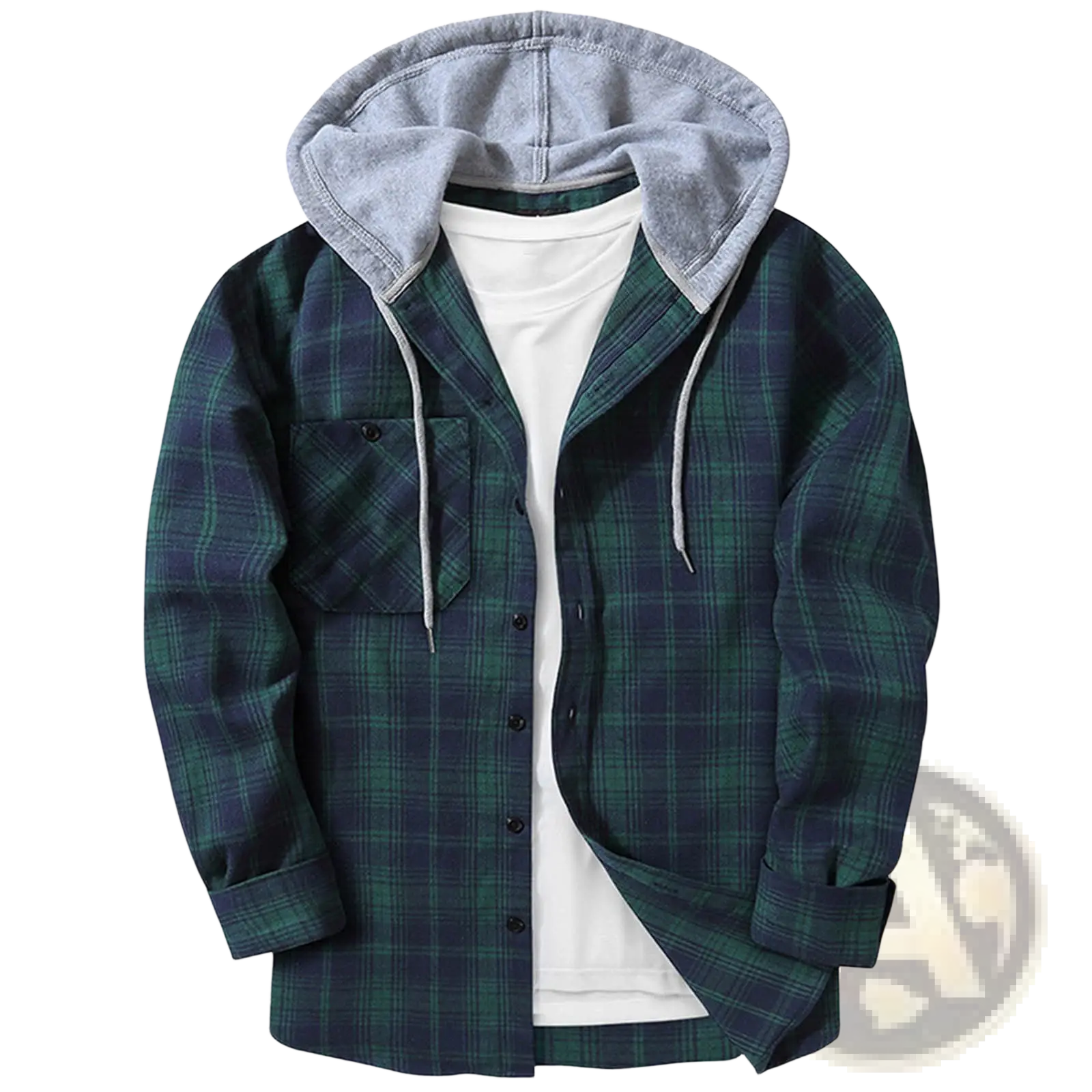 Men’s fleece lined plaid flannel hooded shirt in green and navy with gray fleece-lined hood for warmth and comfort