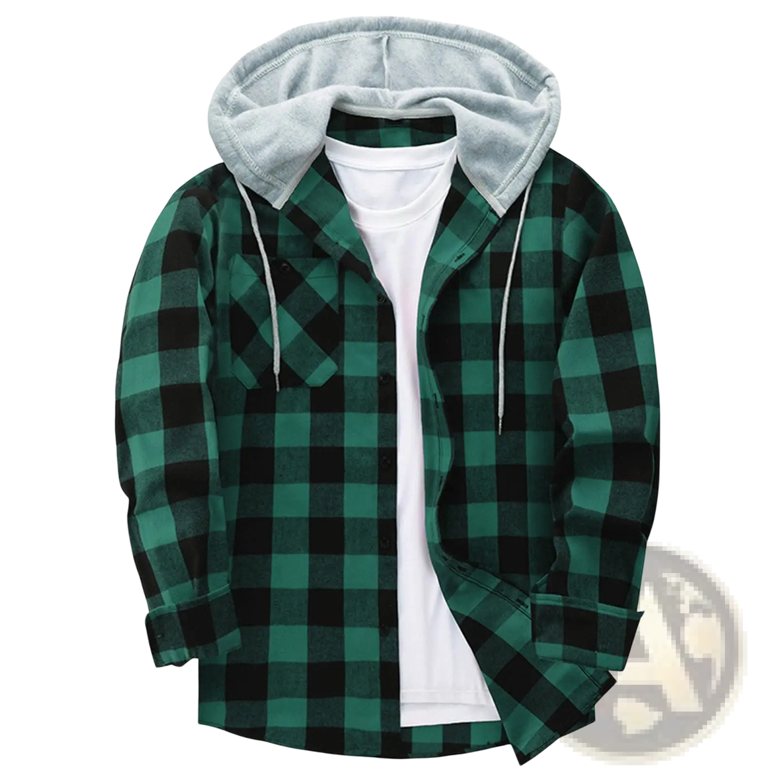Men’s fleece lined plaid flannel hooded shirt in green and black with gray fleece-lined hood for warmth and style