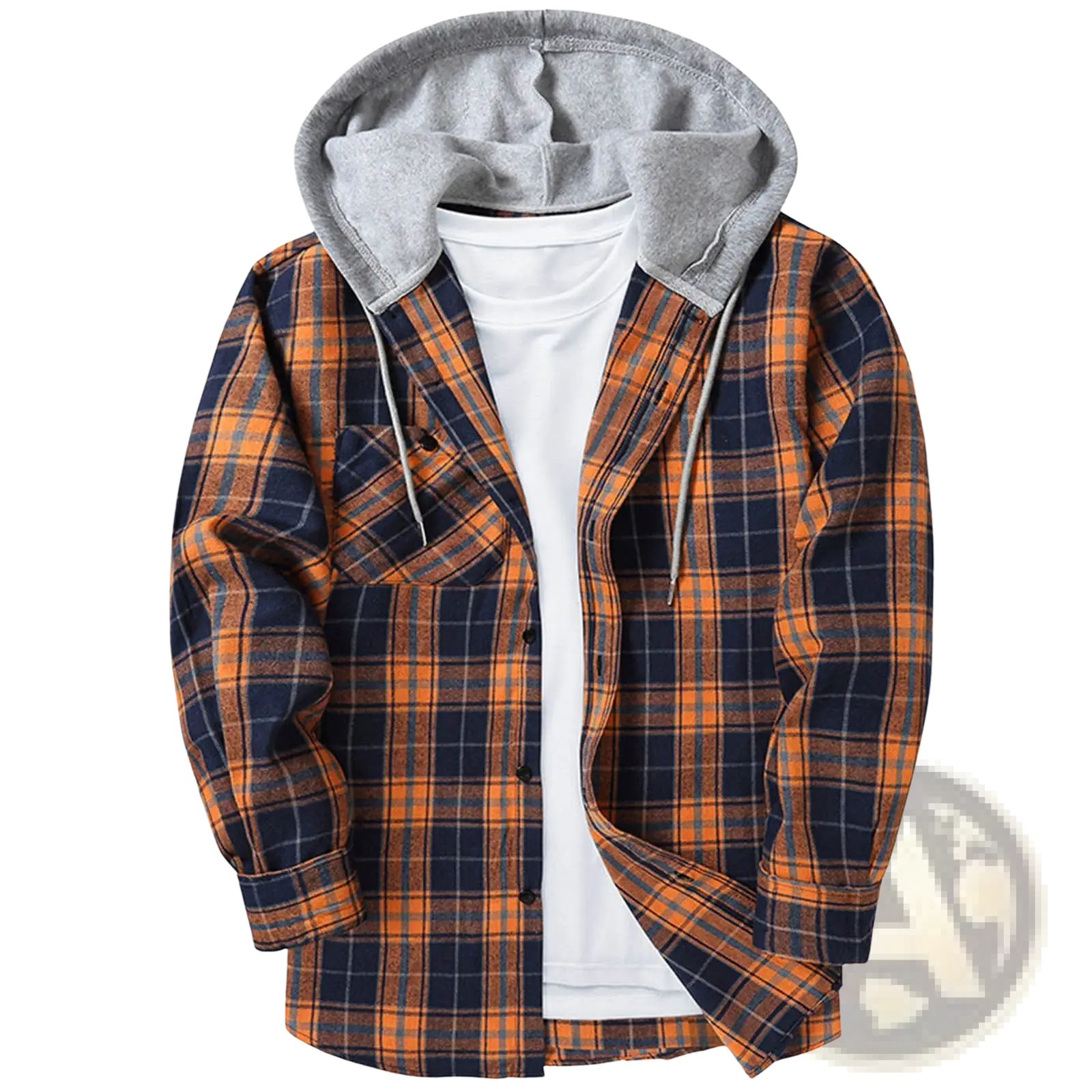 Men’s fleece lined plaid flannel hooded shirt in orange and navy with a gray fleece-lined hood for added warmth