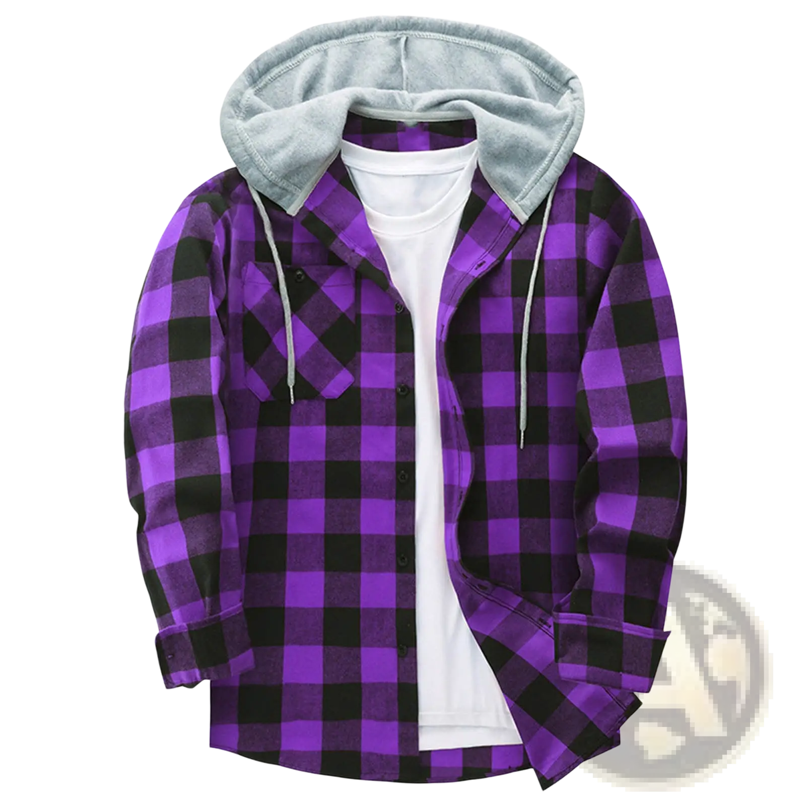 Men’s fleece lined plaid flannel hooded shirt in purple and black with a gray fleece lined hood