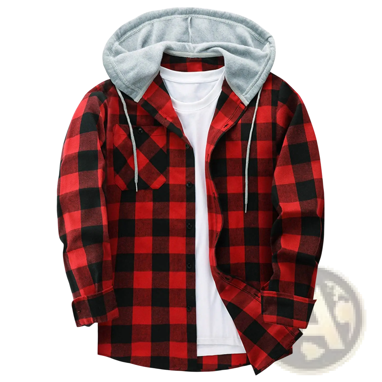 Men’s fleece lined plaid flannel hooded shirt in red and black with gray fleece-lined hood for warmth and style