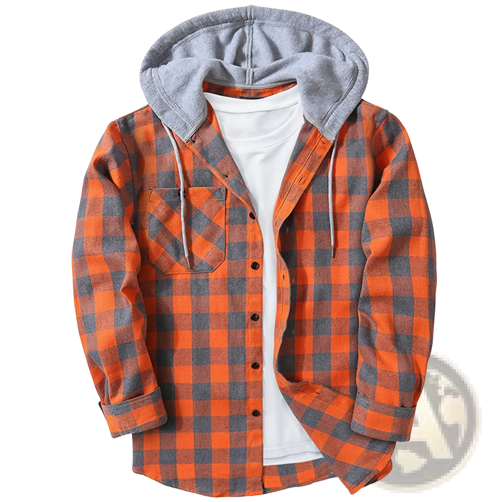 Men’s fleece lined plaid flannel hooded shirt in orange and gray with a soft gray fleece-lined hood