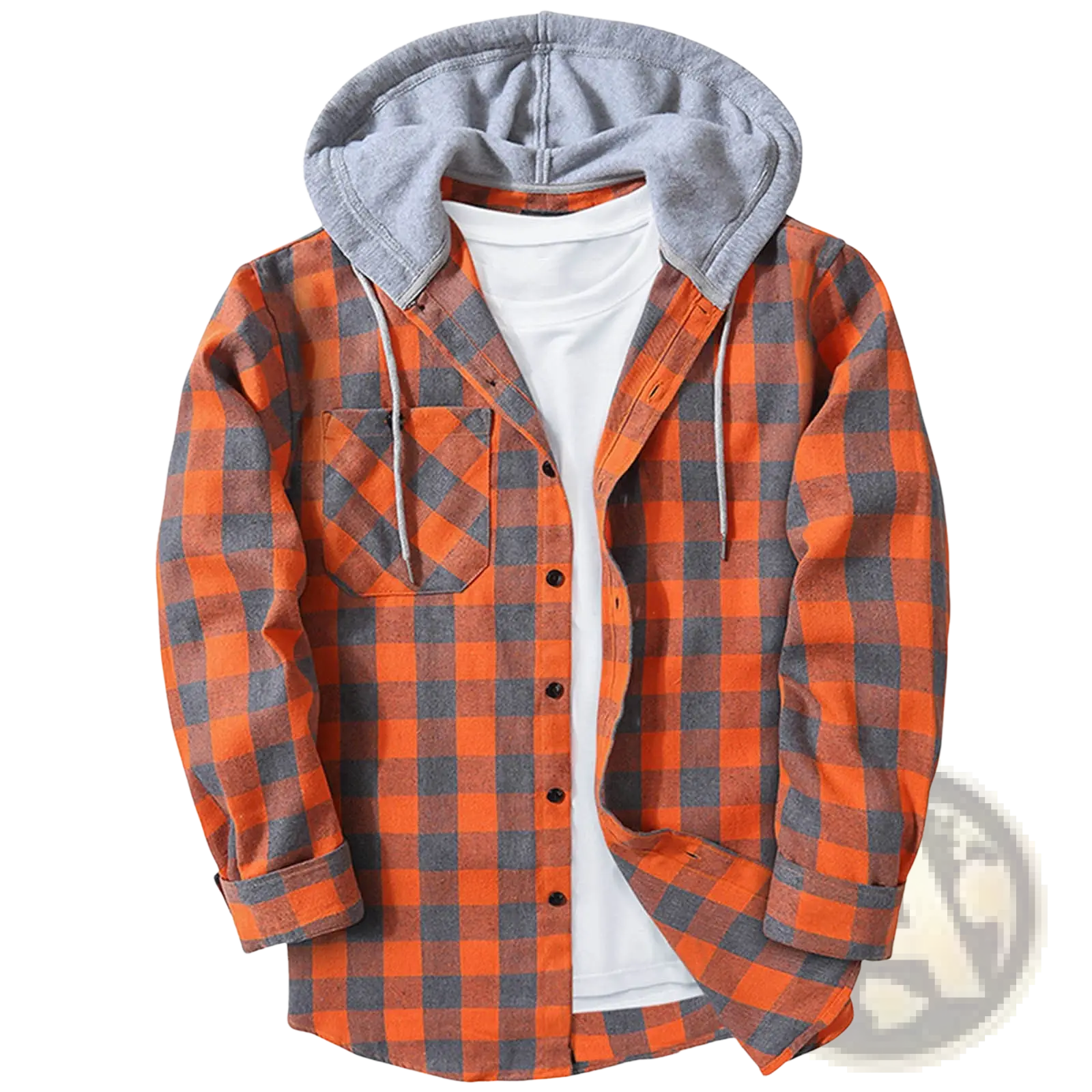 Men’s fleece lined plaid flannel hooded shirt in orange and gray with a soft gray fleece-lined hood