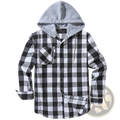 Men’s fleece lined plaid flannel hooded shirt in black and white checkered pattern with gray fleece-lined hood