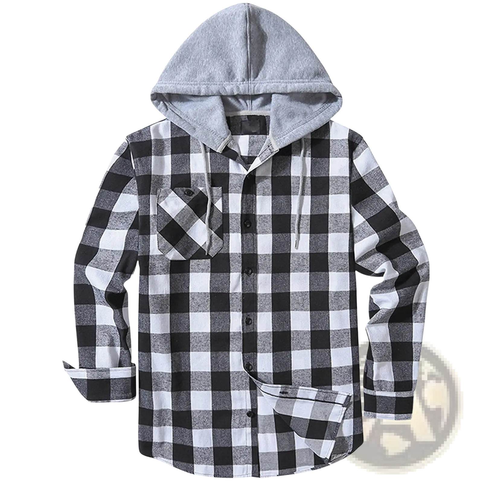 Men’s fleece lined plaid flannel hooded shirt in black and white checkered pattern with gray fleece-lined hood