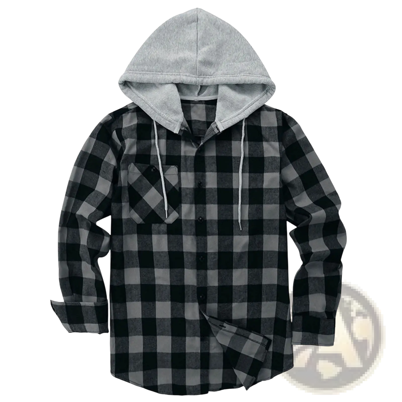 Men’s fleece lined plaid flannel hooded shirt in black and gray with a soft gray fleece-lined hood