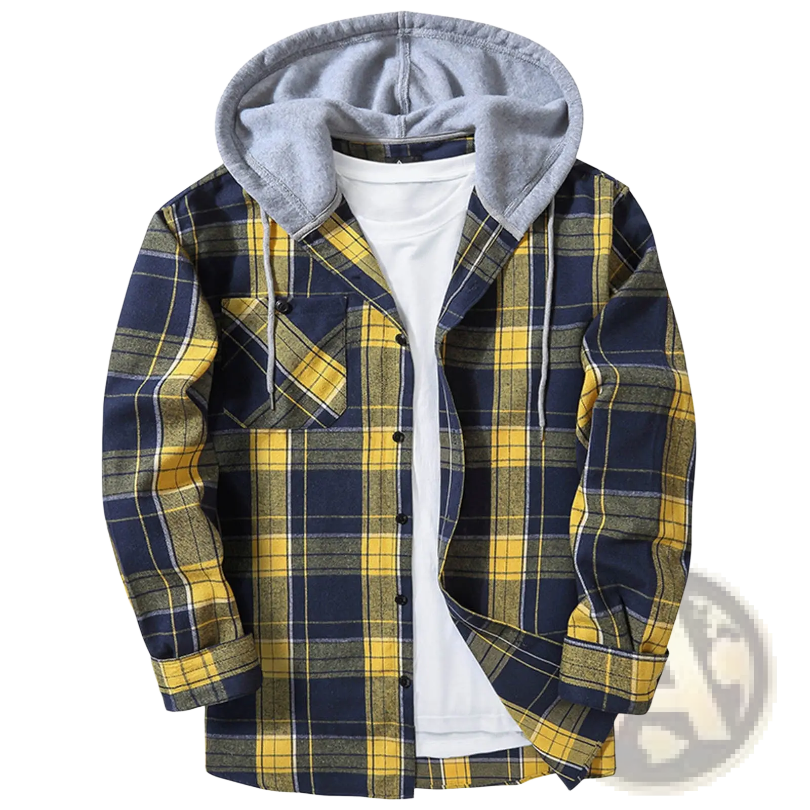 Men’s fleece lined plaid flannel hooded shirt in navy blue yellow with a gray fleece lined hood