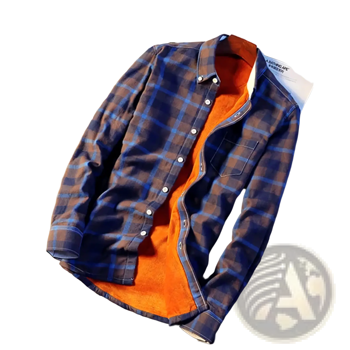 Men’s fleece lined plaid flannel shirt in blue and brown with warm orange fleece lining for cold weather