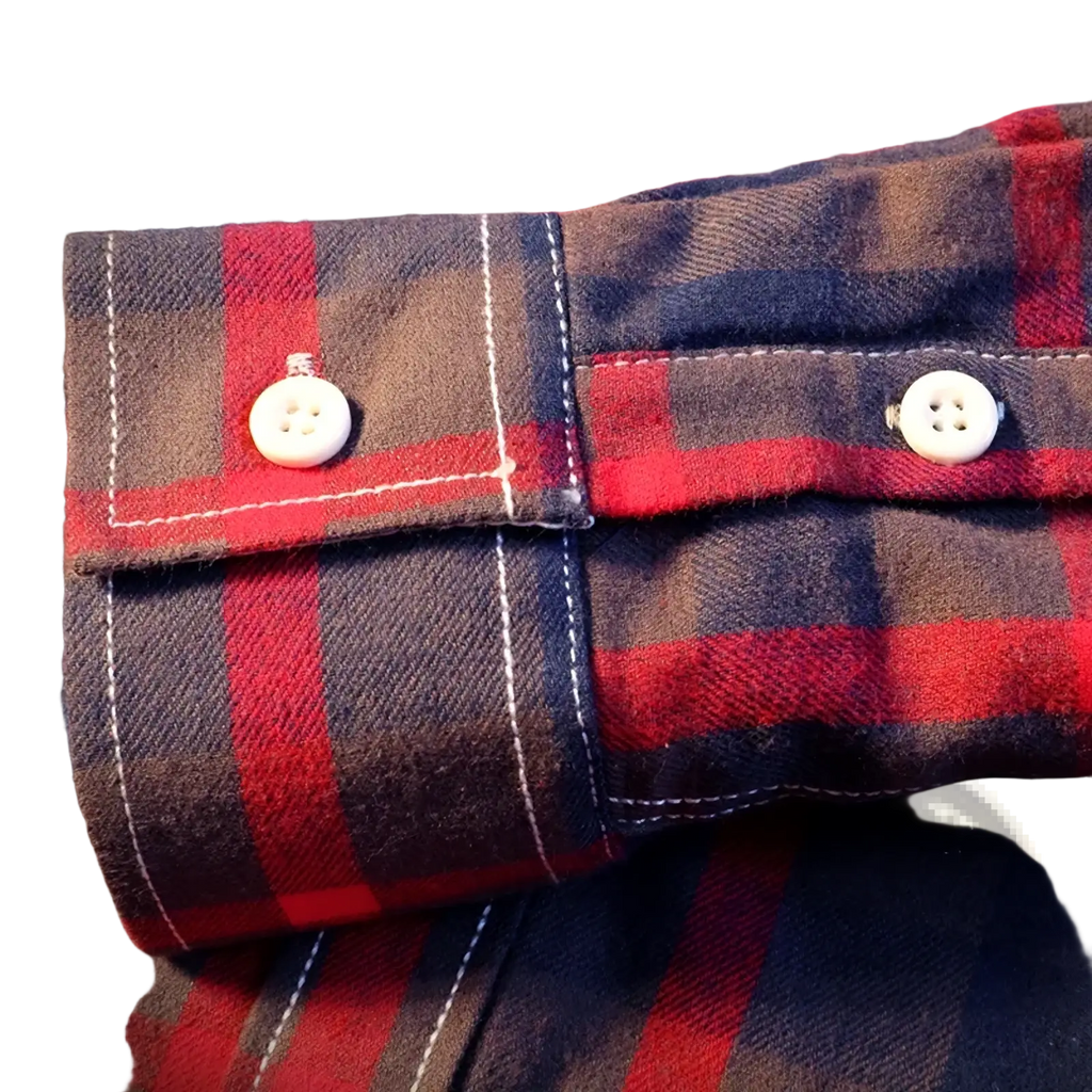 Men’s fleece lined plaid flannel shirt cuff in red and navy with white buttons made of soft flannel fabric