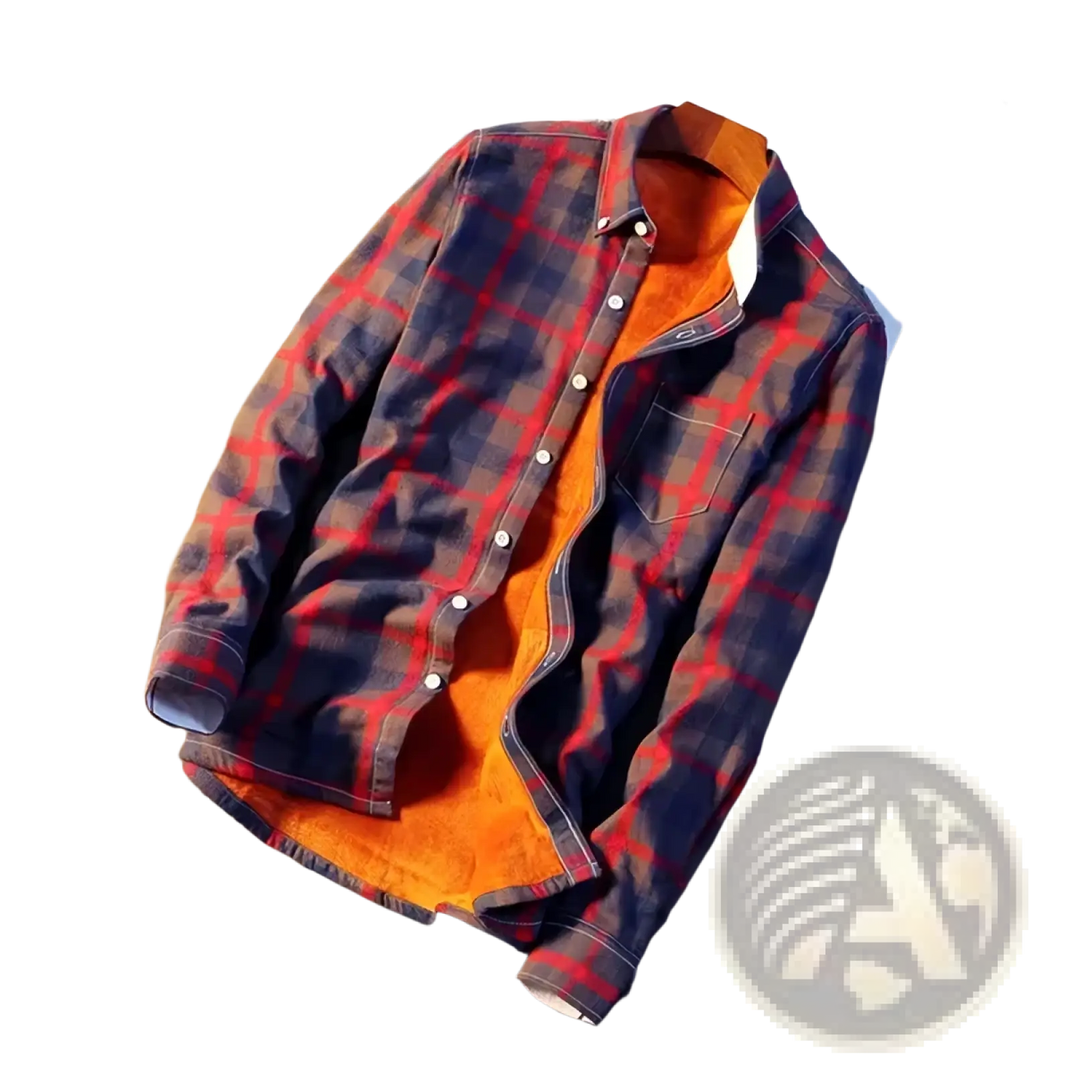 Men’s fleece lined plaid flannel shirt in red and navy with warm orange fleece lining for cold weather comfort