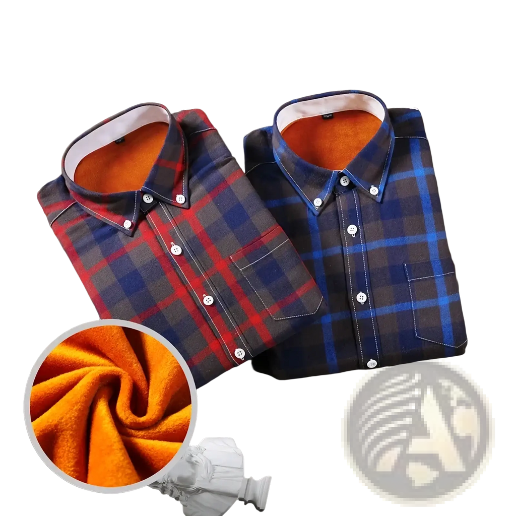 Two men’s fleece lined plaid flannel shirts in red blue and navy gray checks with orange fleece collars