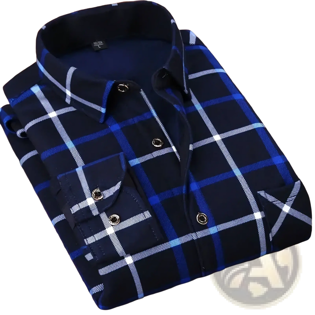 Men’s fleece lined plaid winter shirt in navy blue and white with gold buttons, classic collar, and chest pocket