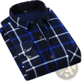 Men’s fleece lined plaid winter shirt in navy blue and white with gold buttons, classic collar, and chest pocket