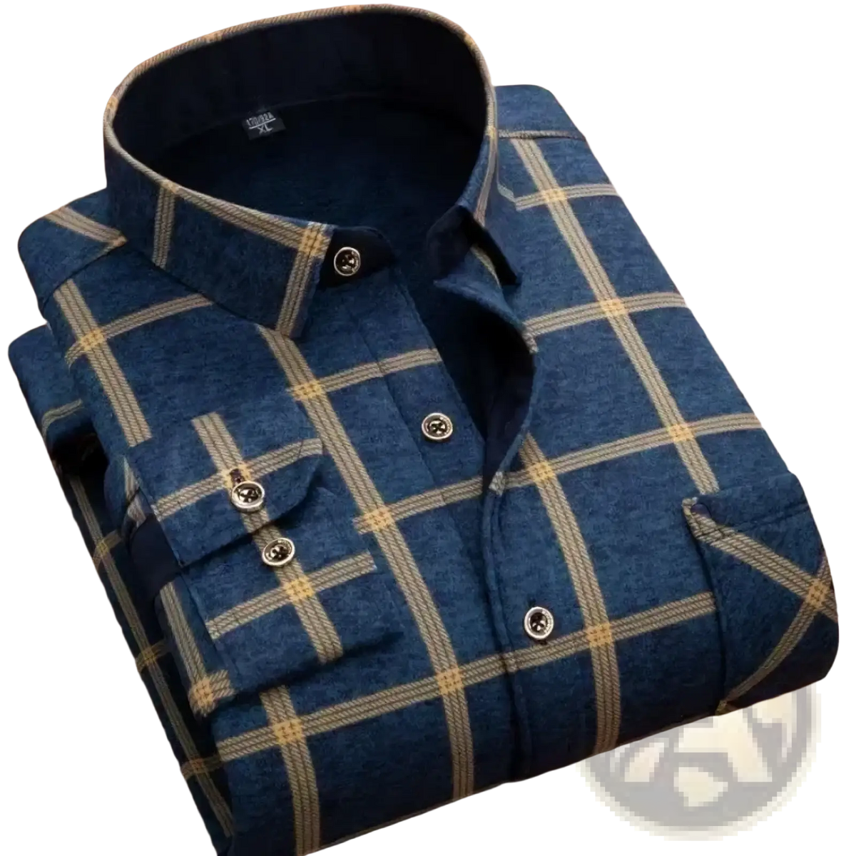 Men’s fleece lined plaid winter shirt in blue and beige wool blend with button-down front and classic collar