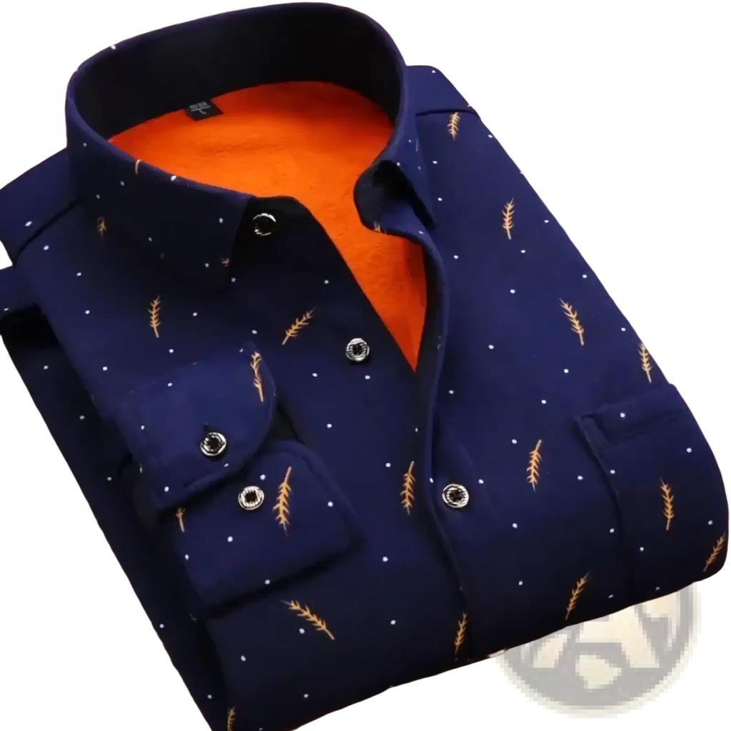 Men’s fleece lined navy blue long-sleeved button-up shirt with gold wheat stalk pattern and orange inner lining