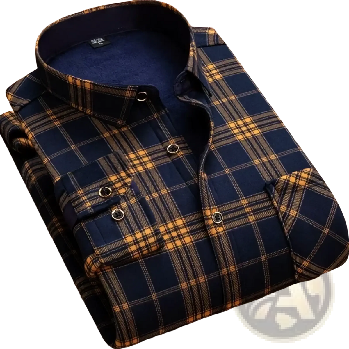 Men’s fleece lined plaid winter shirt in navy blue and mustard yellow with a soft fleece collar and long sleeves