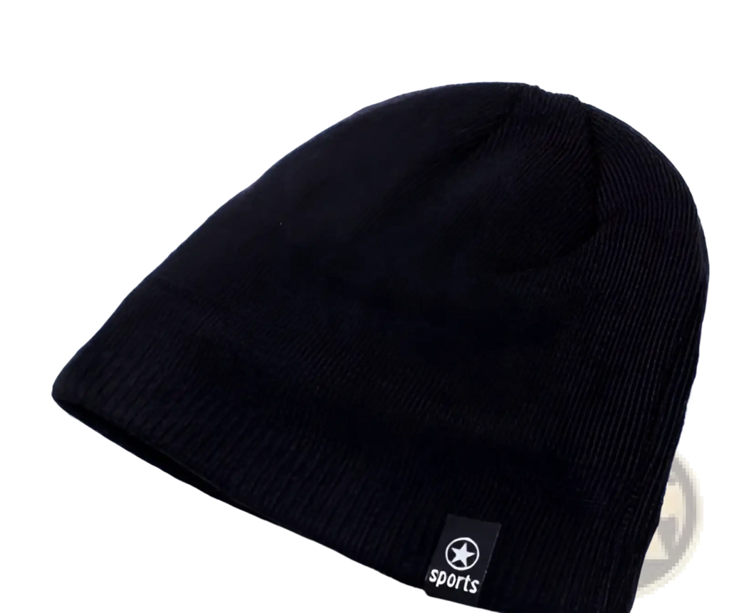 Men’s black fleece lined thermal knitted beanie hat with a small black tag featuring a white star and sports logo