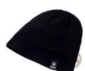 Men’s black fleece lined thermal knitted beanie hat with a small black tag featuring a white star and sports logo