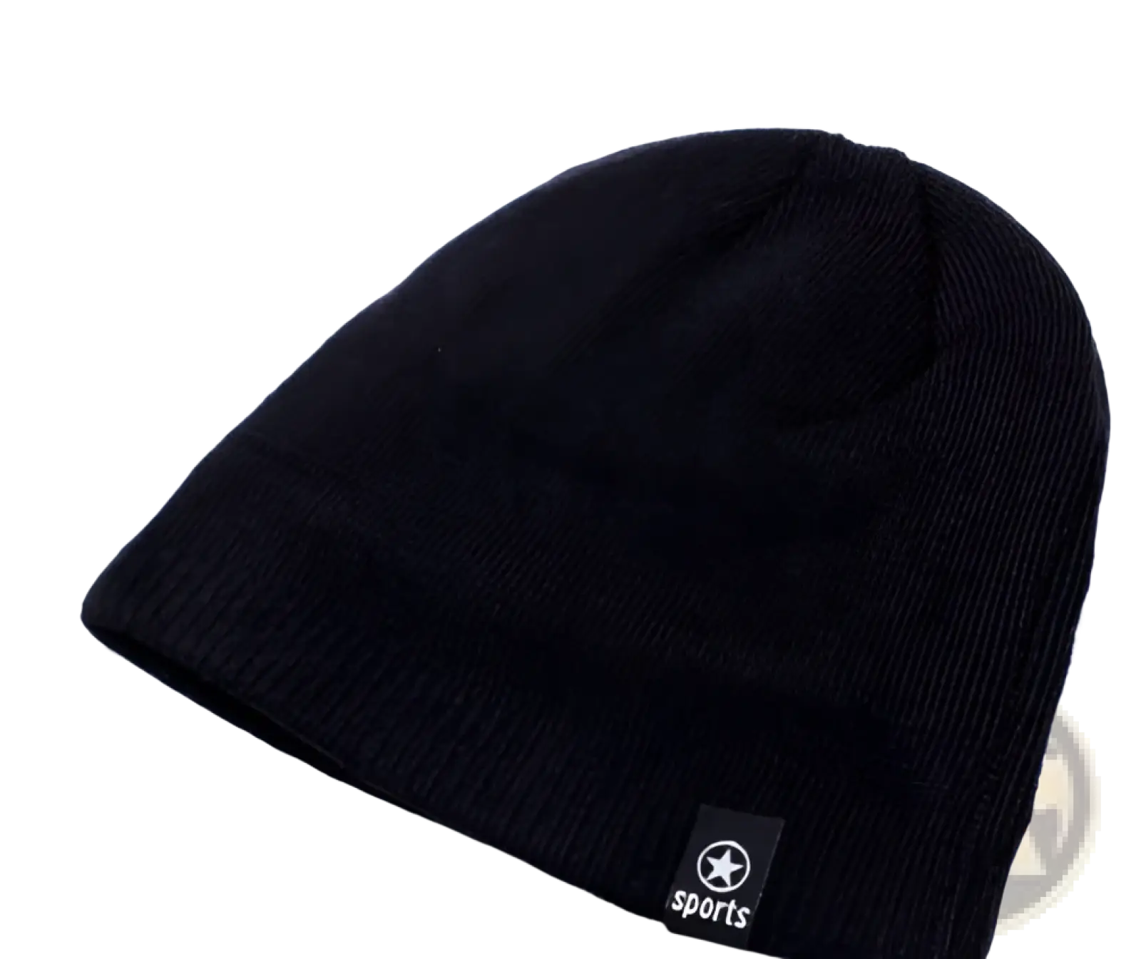 Men’s black fleece lined thermal knitted beanie hat with a small black tag featuring a white star and sports logo