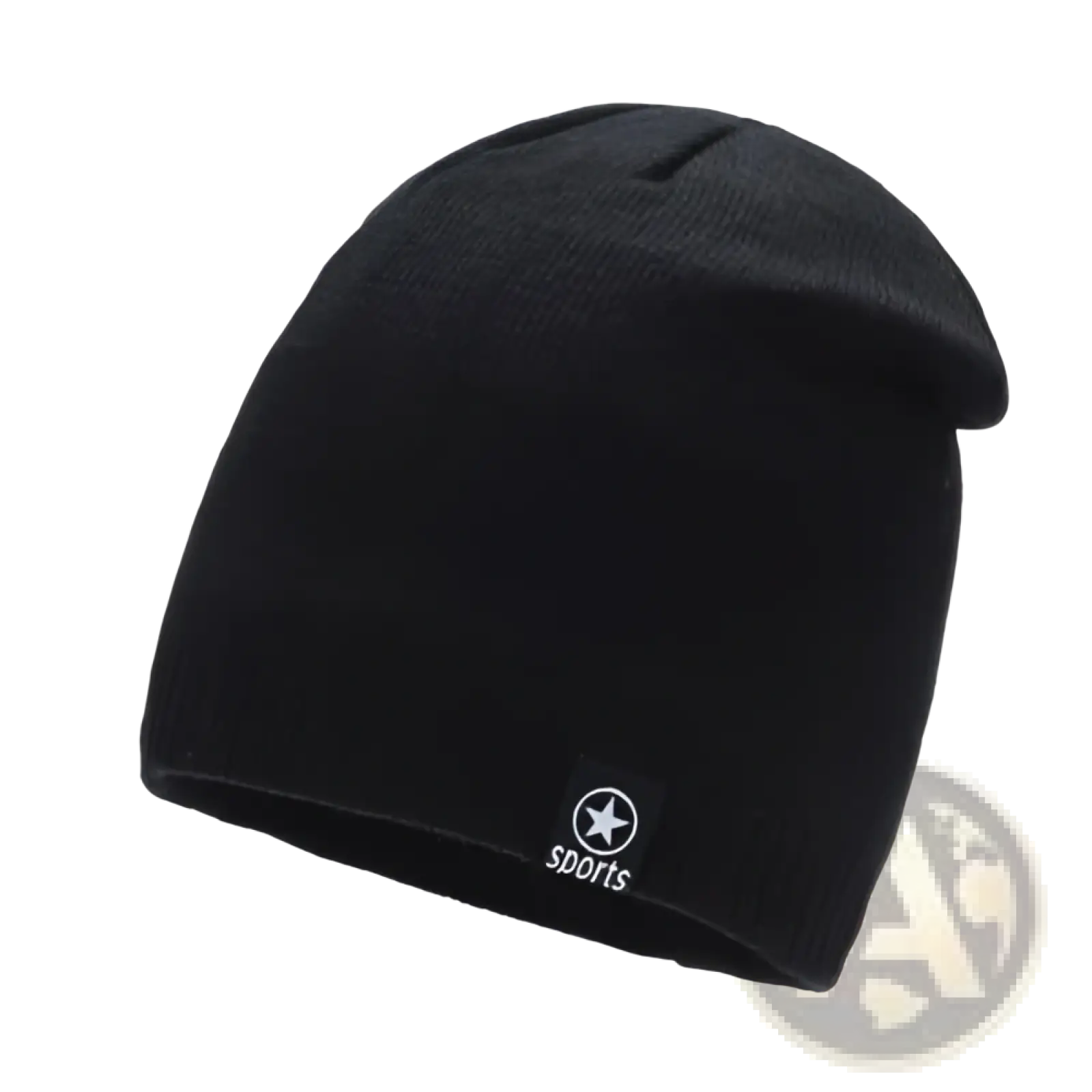 Black fleece lined thermal knitted beanie hat with small white star and sports logo patch on side for men