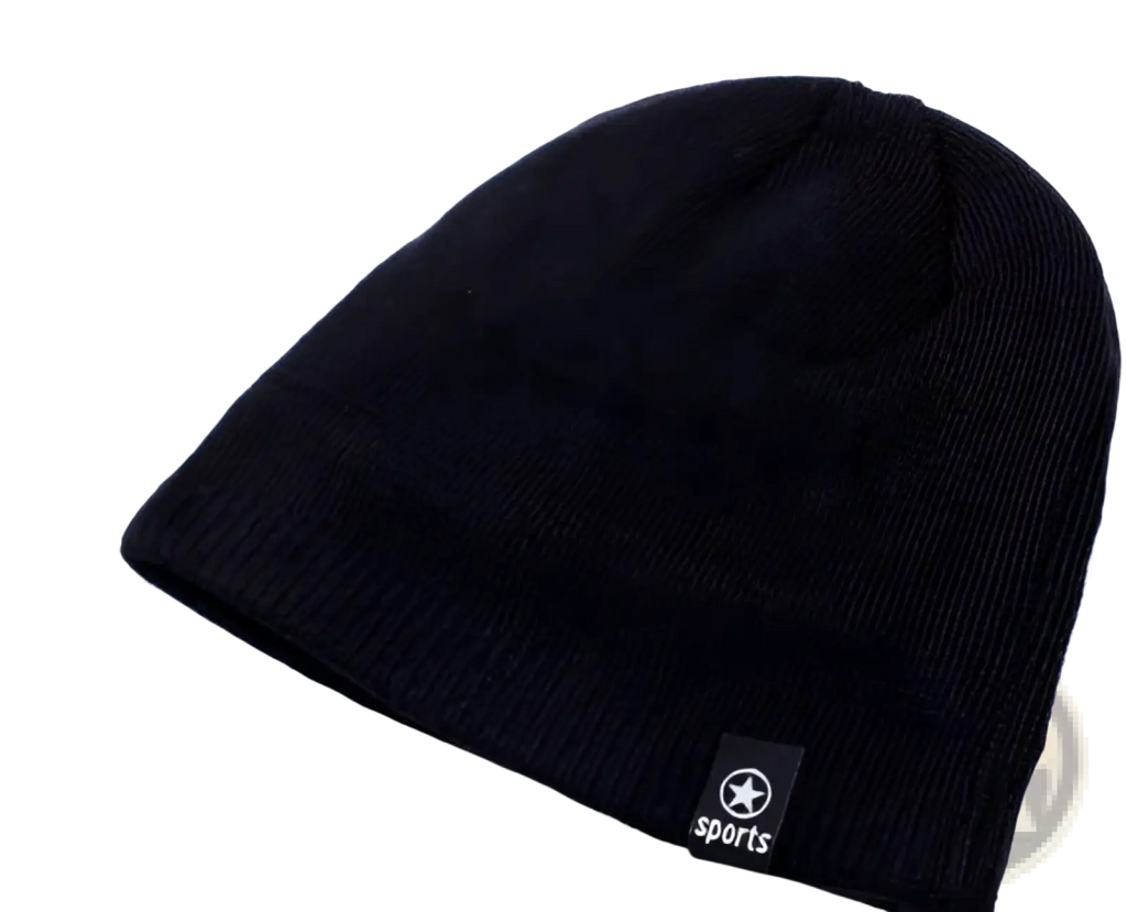 Men’s black fleece lined thermal knitted beanie hat with a small black patch featuring a white star and sports text