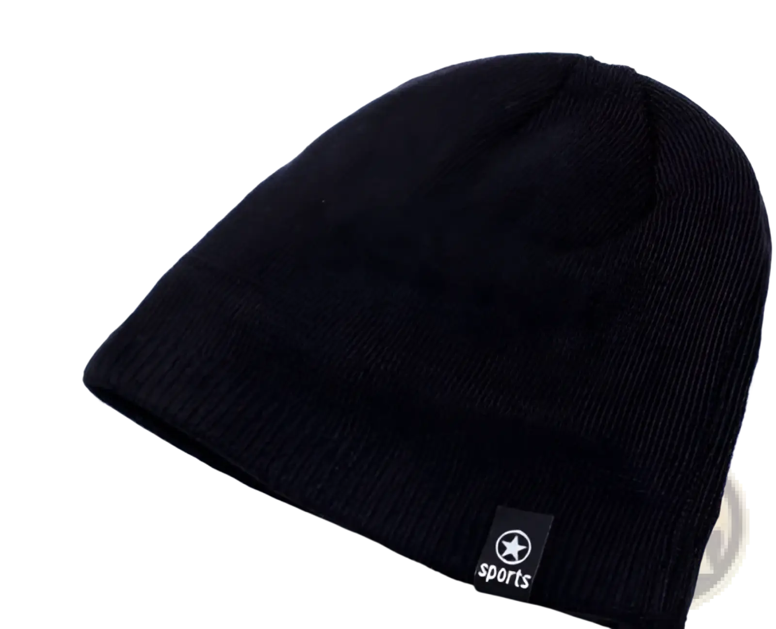 Men’s black fleece lined thermal knitted beanie hat with a small black patch featuring a white star and sports text