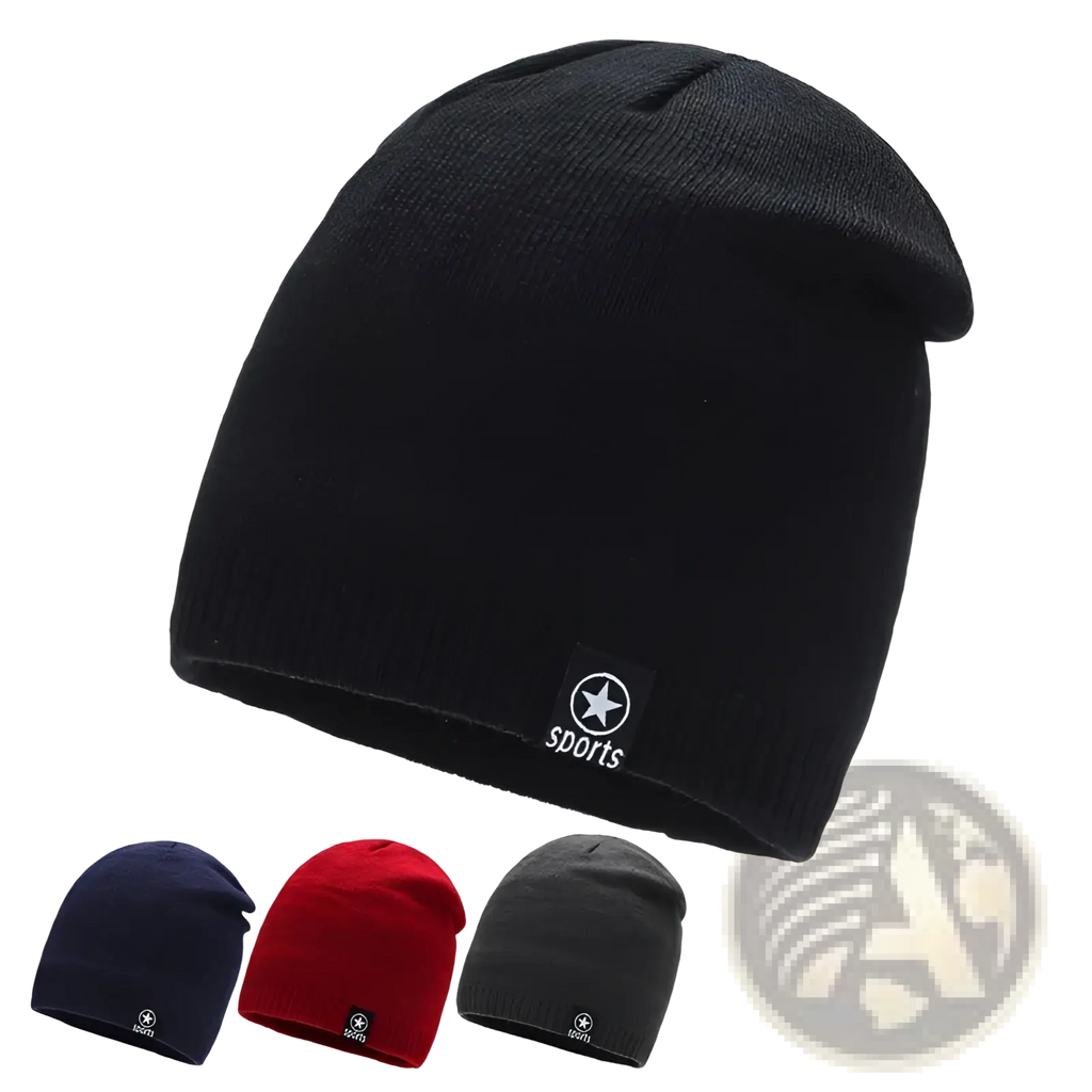 Men’s black fleece lined thermal knitted beanie hat with a black patch featuring a white star and sports embroidery
