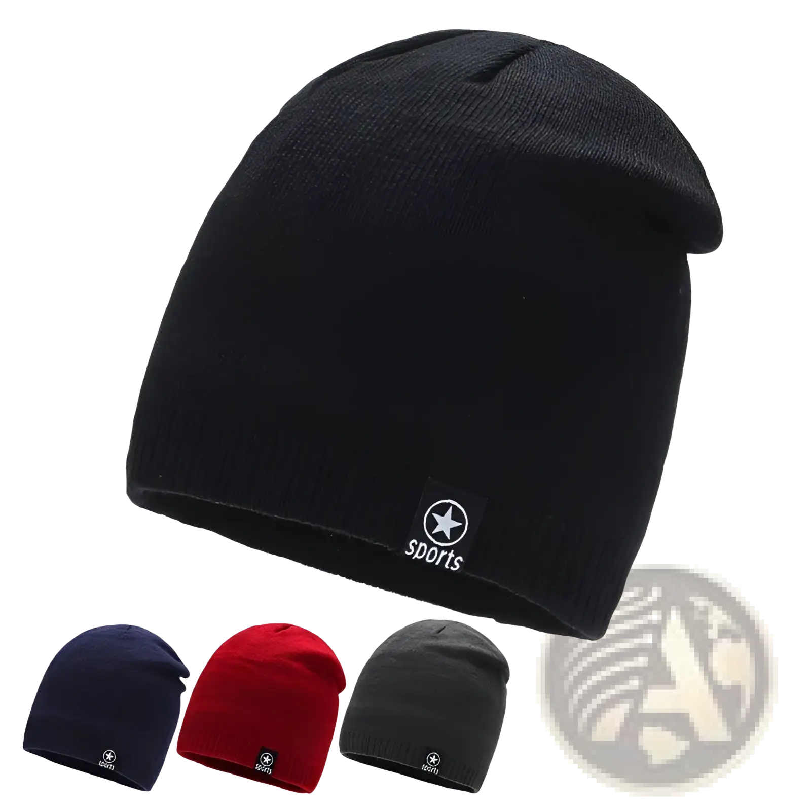 Men’s black fleece lined thermal knitted beanie hat with a black patch featuring a white star and sports embroidery