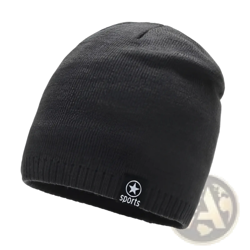 Men’s black fleece lined thermal knitted beanie hat with a small black and white logo patch on the cuff
