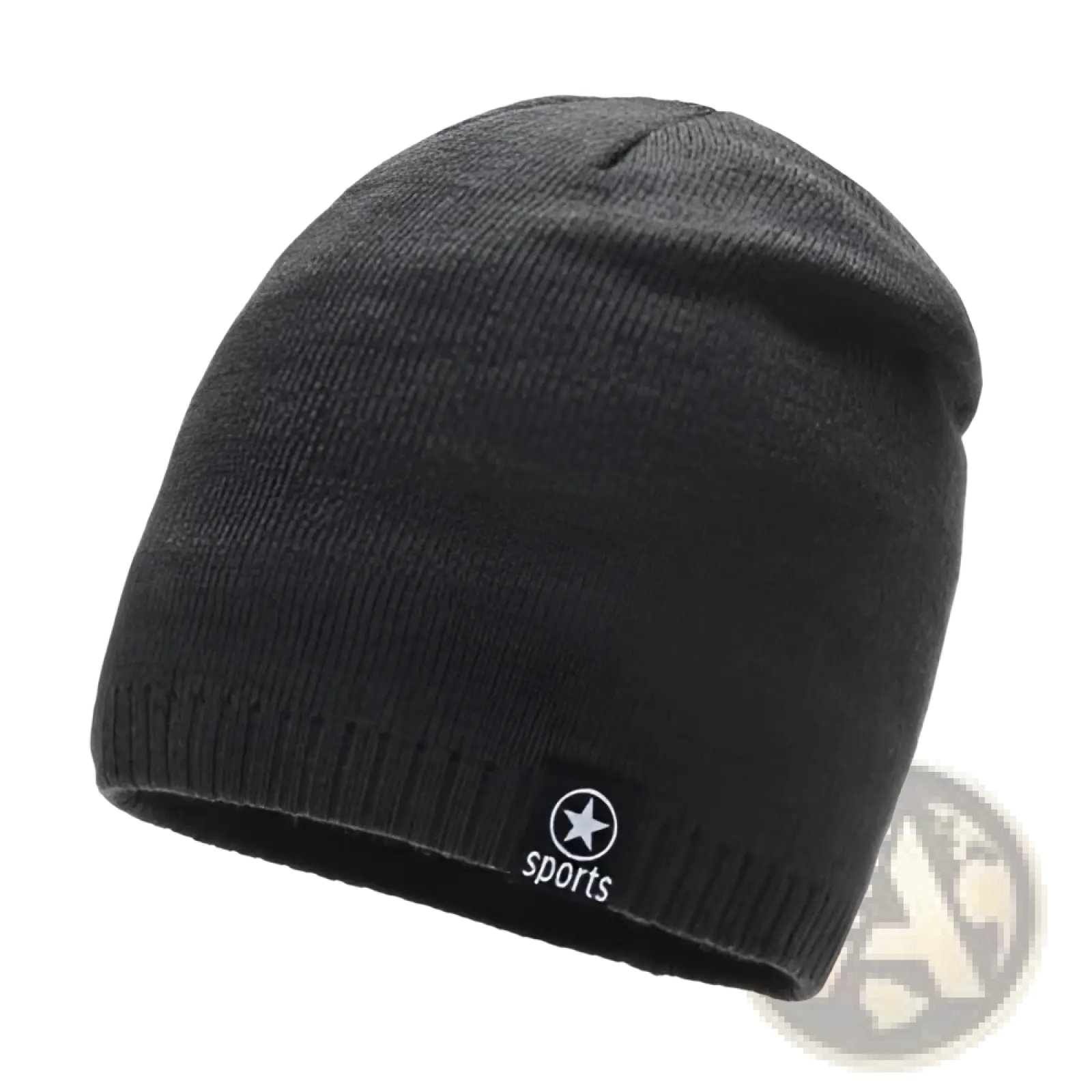 Men’s black fleece lined thermal knitted beanie hat with a small black and white logo patch on the cuff