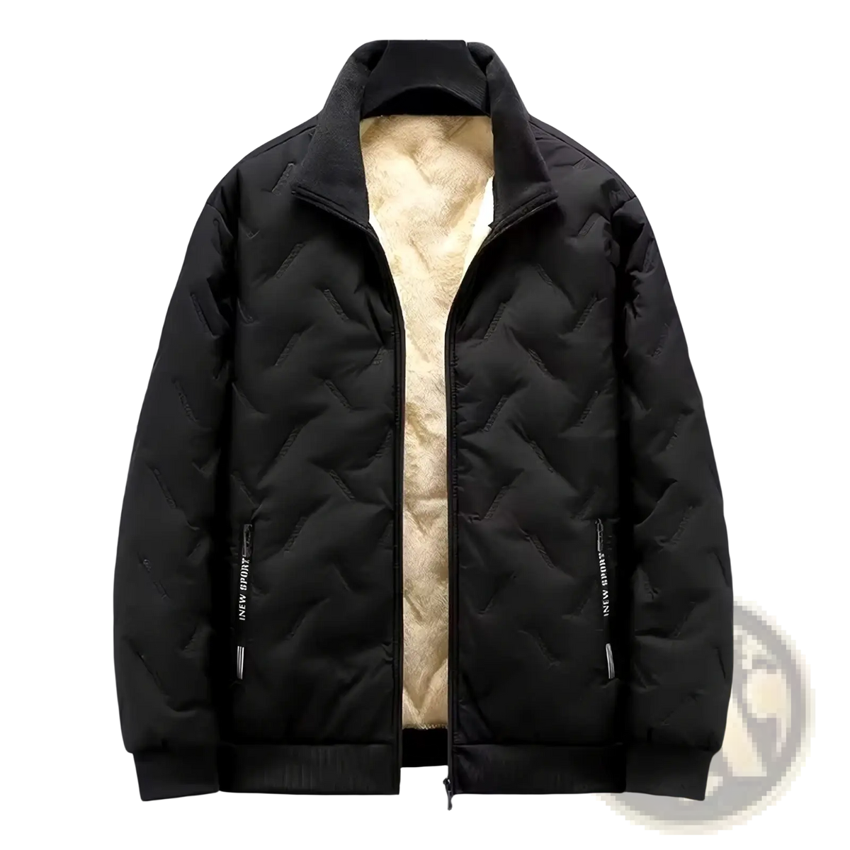 Men’s black quilted winter vest with plush beige fleece lining and subtle vertical text on side pocket detailing