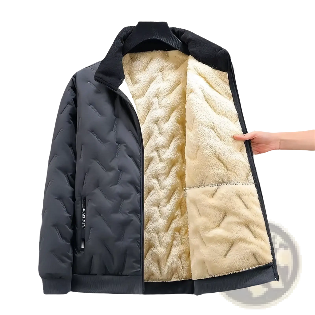 Men’s dark gray quilted winter vest with plush cream fleece lining and black trim designed for warmth and comfort